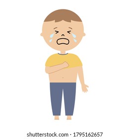 Vector illustration of boy trying to get dressed by himself and crying