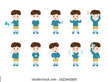 Vector illustration of boy. Under the weather. Take care of one's health.