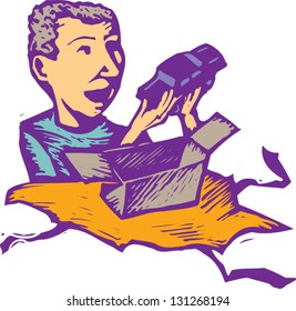 Vector illustration of a boy unwrapping a present