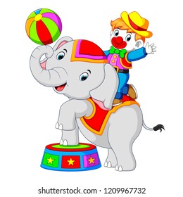 vector illustration of a boy uses a clown costume with an elephant while playing circus