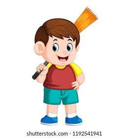 vector illustration of the boy using the red clotheis holding the broom for cleaning the trash