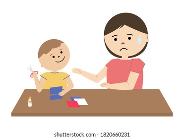 Vector illustration of boy using scissors and his mother worrying