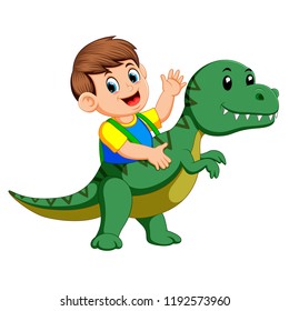 vector illustration of the boy using the Tyrannosaurus Rex costume and waving his hand
