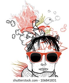 vector  illustration of a boy in vintage red glasses