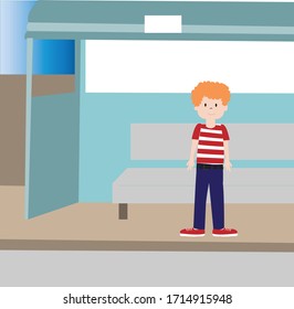 Vector Illustration of a Boy Waiting at the Bus Stop