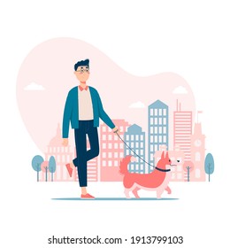 Vector illustration. Boy walking the dog on leash on the street