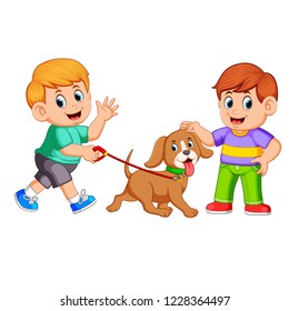 Imagen vectorial de un niño caminando con su perro