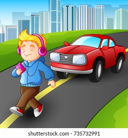 Vector illustration of Boy walking listening music player in front car on street city