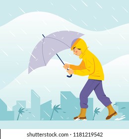 vector illustration boy walking in raincoat holding umbrella, boy walking in dangerous condition in heavy rain and storm