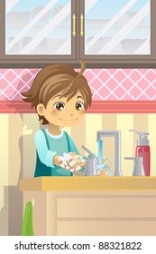 A vector illustration of a boy washing his hands