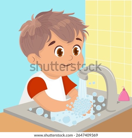 Vector illustration of a boy washing his hands with soap.