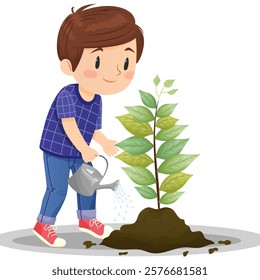 vector illustration of a boy with a watering can watering a small tree	