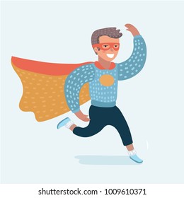 Vector illustration of boy waving hand and run. Superhero costume run, with a mask on his face and evolving cloak red cloak behind. Funny character on white isolated background.