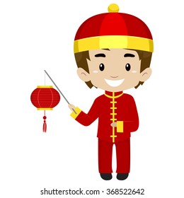 Vector Illustration of a Boy wearing Chinese Costume holding Chinese Lantern