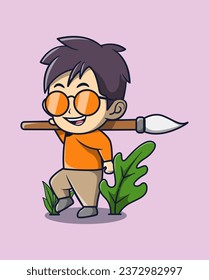 Vector illustration of a boy wearing glasses carrying a large brush. Artist Icon Concept
