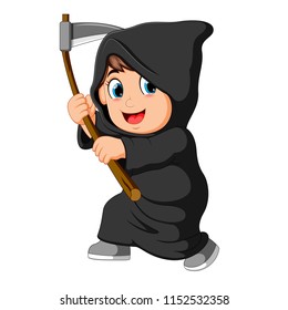 vector illustration of boy wearing grim reaper costume with scythe