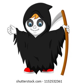 vector illustration of boy wearing grim reaper costume with scythe
