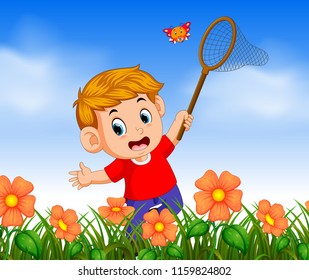 vector illustration of boy wearing red shirt catching butterflyin the jungle