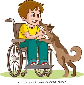 Vector illustration of a boy in a wheelchair with his dog on a white background.
