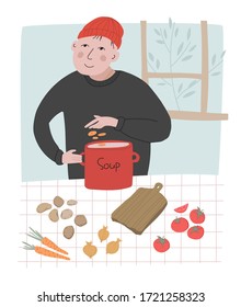Vector illustration of a boy who cooking soup  with vegetables and kitchen supplies.