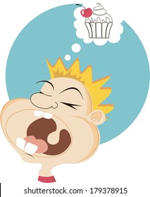 vector illustration of boy who dreams of the cake with his mouth open