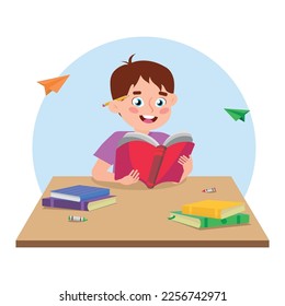 Vector illustration of a boy who likes to read. Cartoon scene of a smiling boy sitting at a table with stacks of books and holding an open book in his hands and taking notes isolated on background.