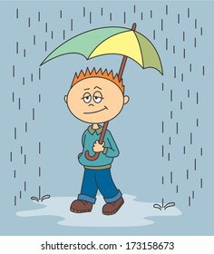 vector illustration of a boy who is walking in the rain