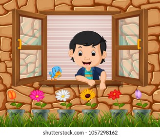vector illustration of Illustration of a boy at the window with birds