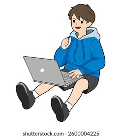 Vector Illustration of a Boy Working on Laptop in Casual Outfit