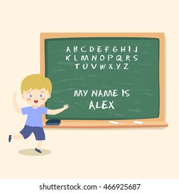 Vector illustration of a boy writing alphabet and his name with chalk on school blackboard. 