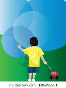 Vector Illustration Boy in Yellow T-Shirt with Toy Car