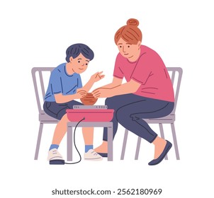 Vector illustration of a boy and a young woman who are sculpting clay on a potter's wheel at a table with chairs. Emphasizes creativity in creating sculpture.