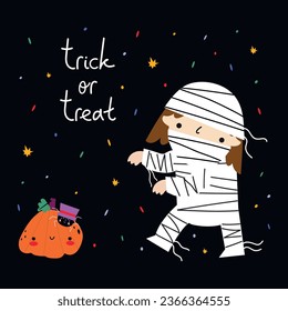 Vector illustration of a boy in a zombie costume, a small pumpkin, a spider and the inscription Trick or Treat on a black background.Decorative card for October 31st.