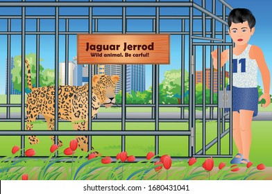 Vector illustration with a boy at the zoo of the city. The boy opens the door from the jaguar's cage, which is dangerous.