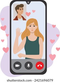 Vector illustration of boyfriend video calling to girlfriend's smartphone. Communication concept of phone video call with couple in love.