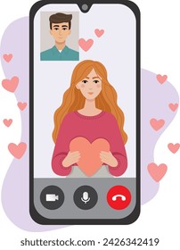 Vector illustration of boyfriend video calling to girlfriend's smartphone. Communication concept of couple in love.	