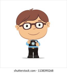 Vector illustration of boy-photographer with glasses holding camera in his hands, isolated on white background.