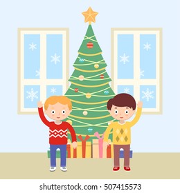 Vector illustration of boys and decorated Christmas tree. New Year and Christmas celebration topic.