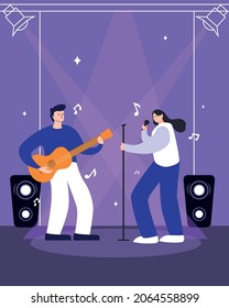 Vector illustration boys enjoy singing and playing guitar in festival concert background