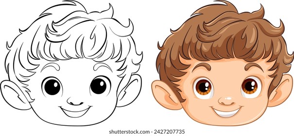 Ilustración vectorial de la cara de un niño, antes y después de colorear