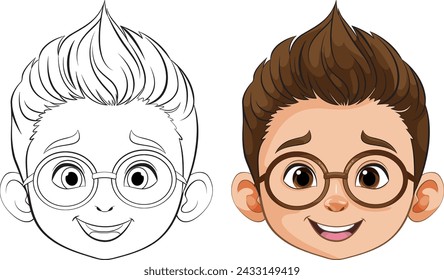 Vector illustration of a boy's face, before and after coloring