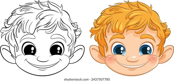 Vector illustration of a boy's face, black and white to color.