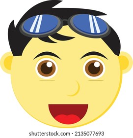 Vector Illustration Of A Boy's Facial Expression Series Graphic Illustration With Pilot Glasses Happy. Perfect For Emoticons, Company Logos, Product Logos, Etc