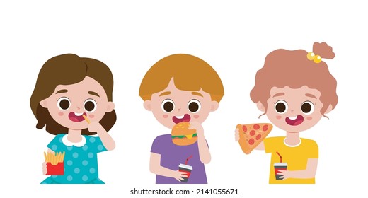 Vector Illustration Of Boys and girls eating fast food. kids eating pizza, french fries. children drinking cola and eating burger isolated on white background