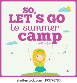 Vector illustration boys and girls in a funny and cartoon style design with place for text. Bright background with cute elements. Spring or summer season. Template for Travel and Camp.