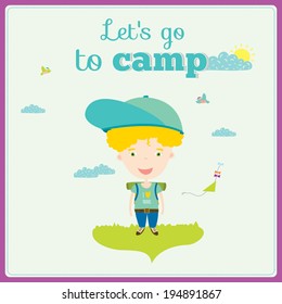 Vector illustration boys and girls in a funny and cartoon style design with place for text. Bright background with cute elements. Spring or summer season. Template for Travel and Camp.