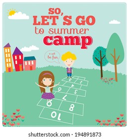 Vector illustration boys and girls in a funny and cartoon style design with place for text. Bright background with cute elements. Spring or summer season. Template for Travel and Camp.