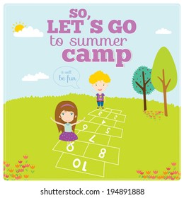 Vector illustration boys and girls in a funny and cartoon style design with place for text. Bright background with cute elements. Spring or summer season. Template for Travel and Camp.