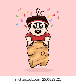 Ilustración vectorial de niños que tienen una carrera de sacos