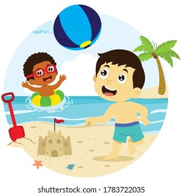 vector illustration of boys playing on the beach, summer vacation activity